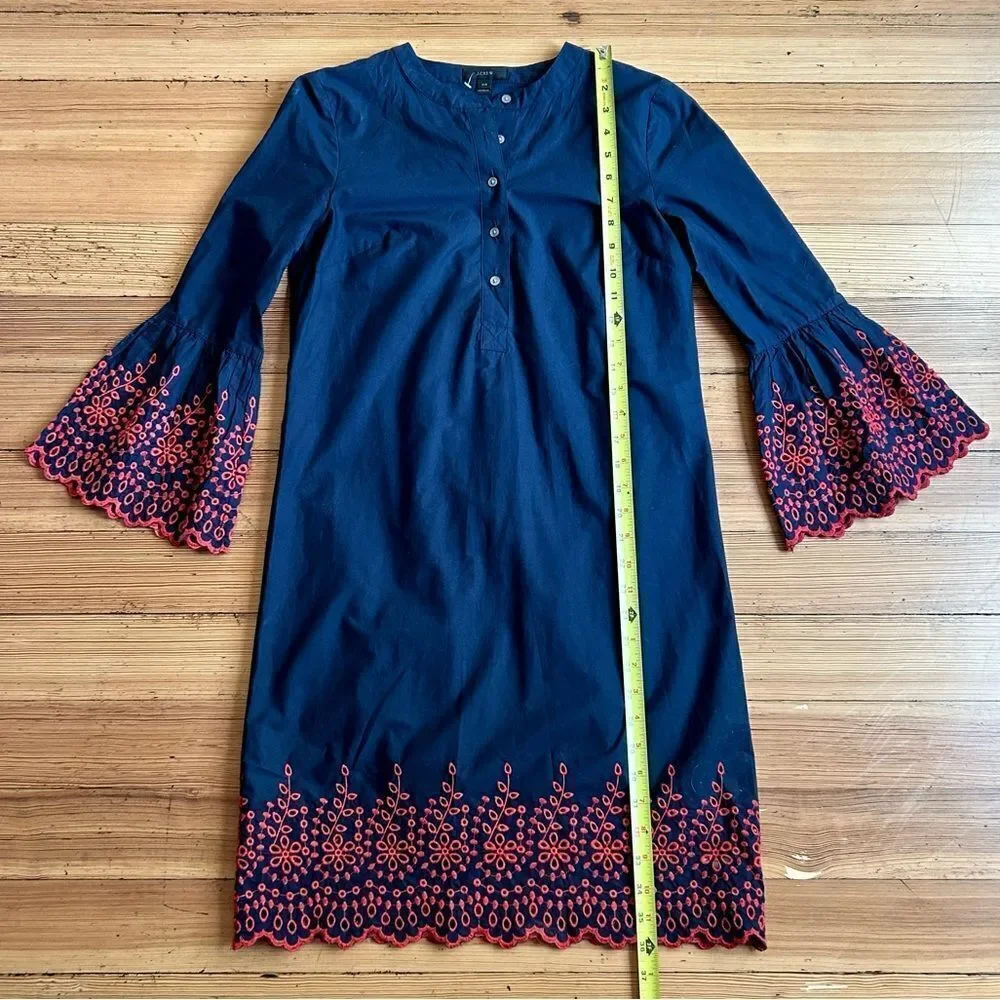 J. Crew eyelet bell sleeve dress, navy. Size XXS. NWOT.